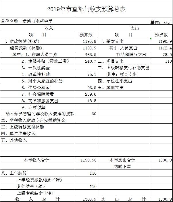 2019年市直部门收支预算总表（永新中学）